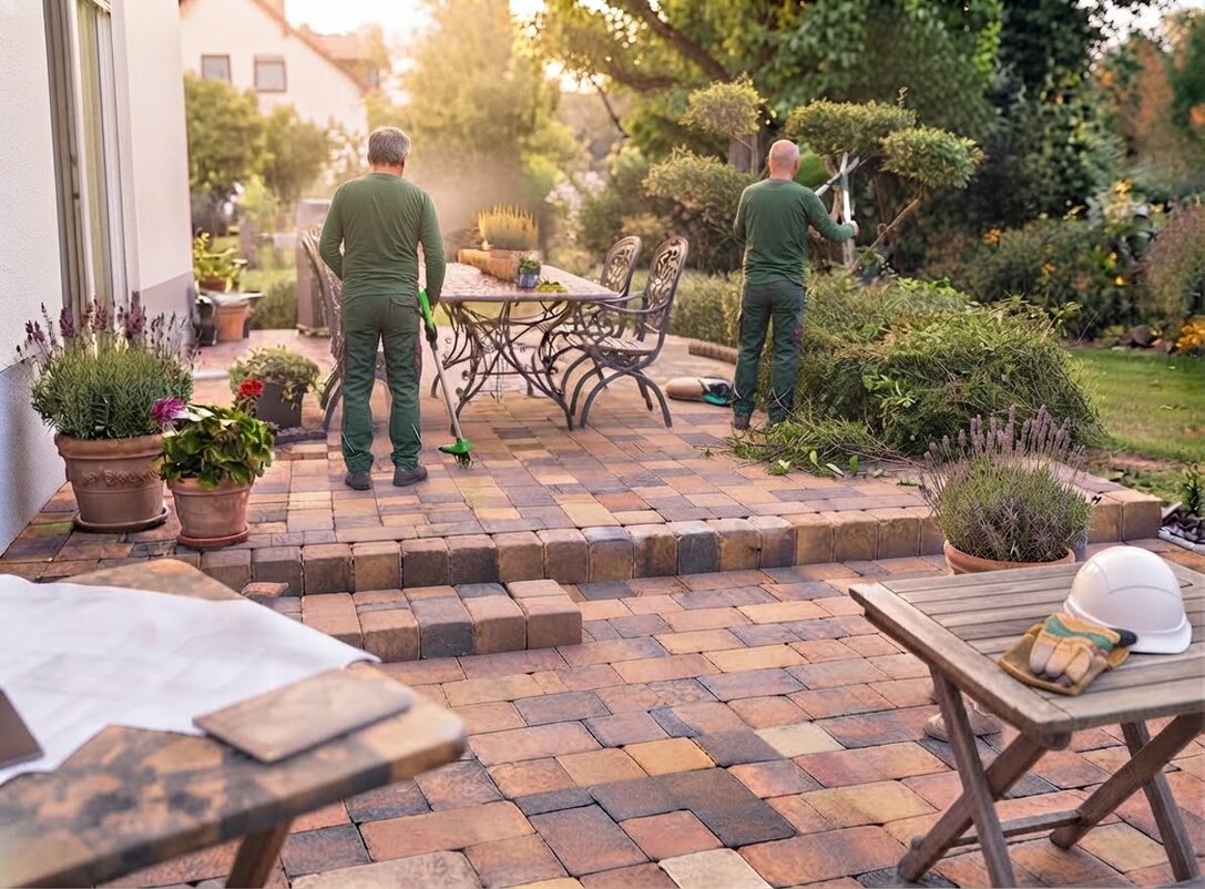 Pflegearbeiten im fertigen Garten mit Pflanzen und Rasen